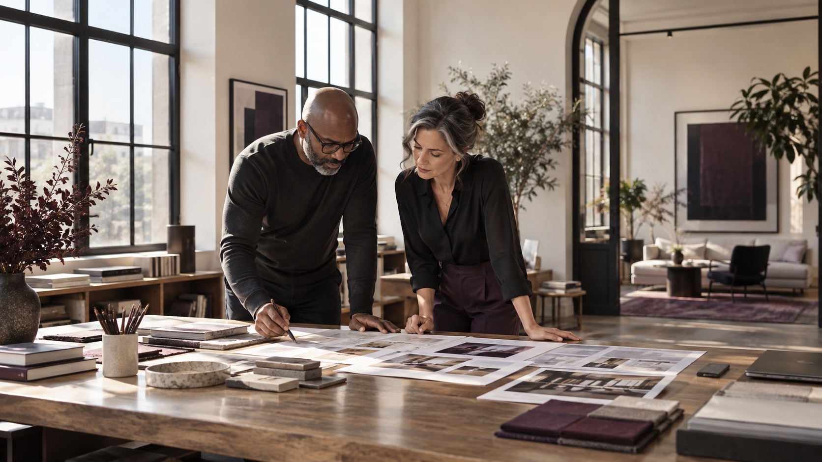 Two senior creative and technical professionals reviewing a website plan in a refined studio
