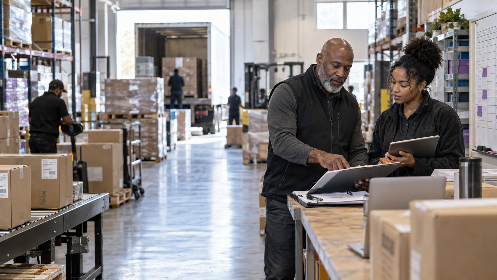 A logistics team reviewing shipping operations in an organized warehouse