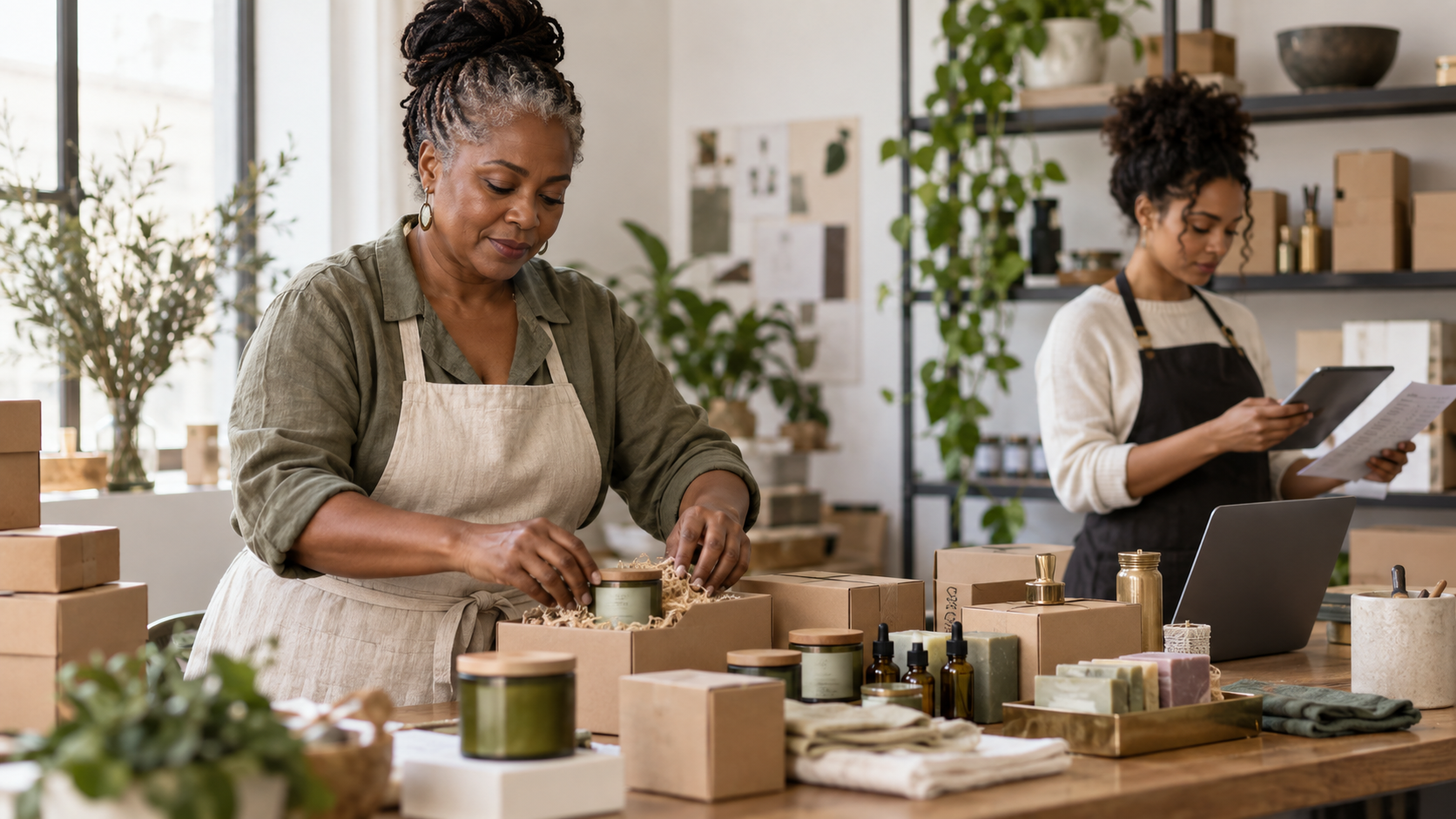 A small product-business owner preparing customer orders in a refined studio
